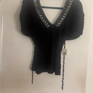 Black Embroidered V-Neck Women's Top